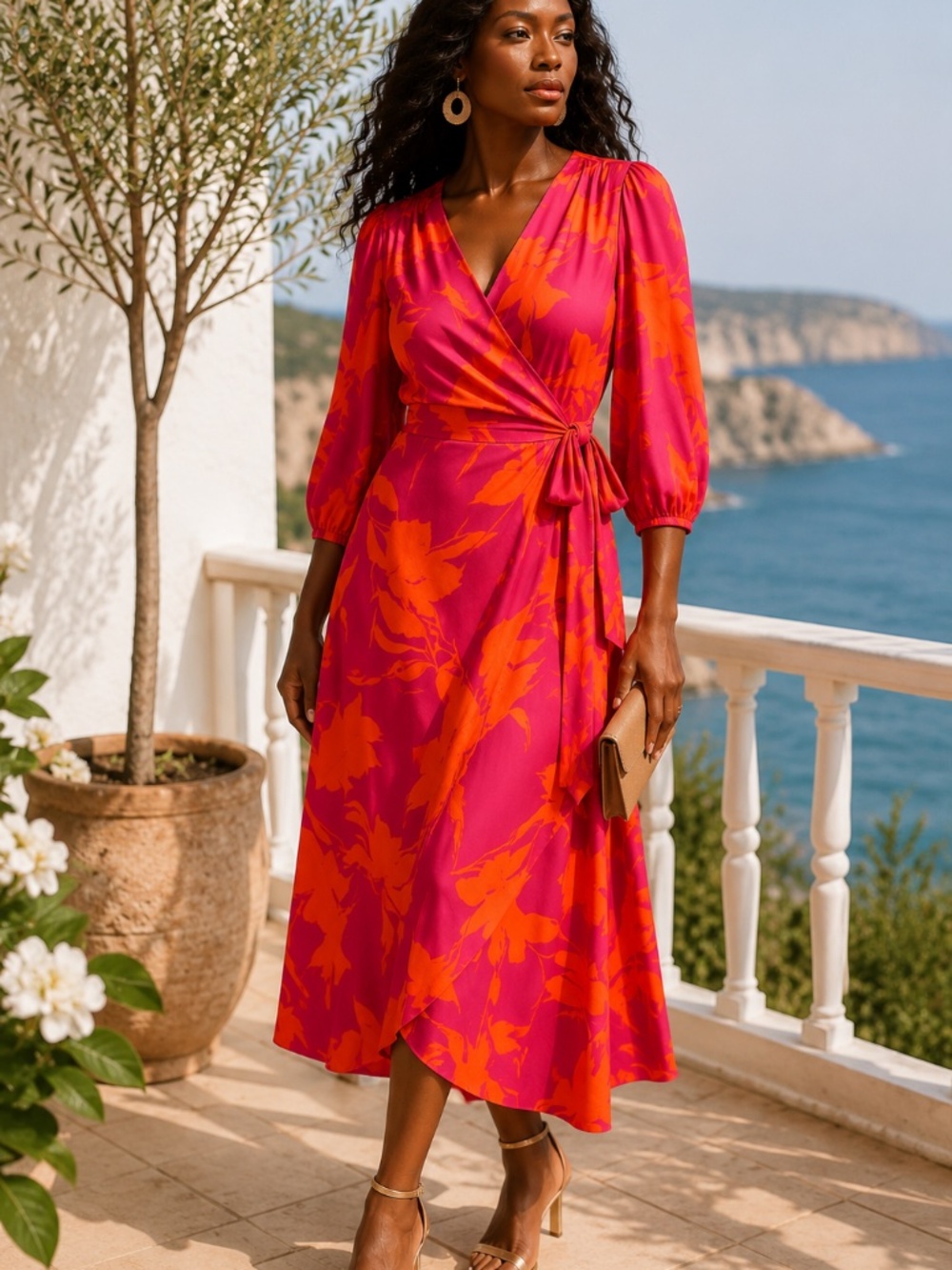 Joseph Ribkoff Floral Wrap Midi Dress | Pink & Orange | Size 12 | Worn Once